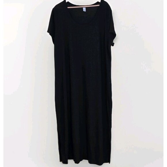 Old Navy T Shirt Maxi Dress 3X Black SS Linen Blend Slits Pullover Goth Cottage - Picture 1 of 15